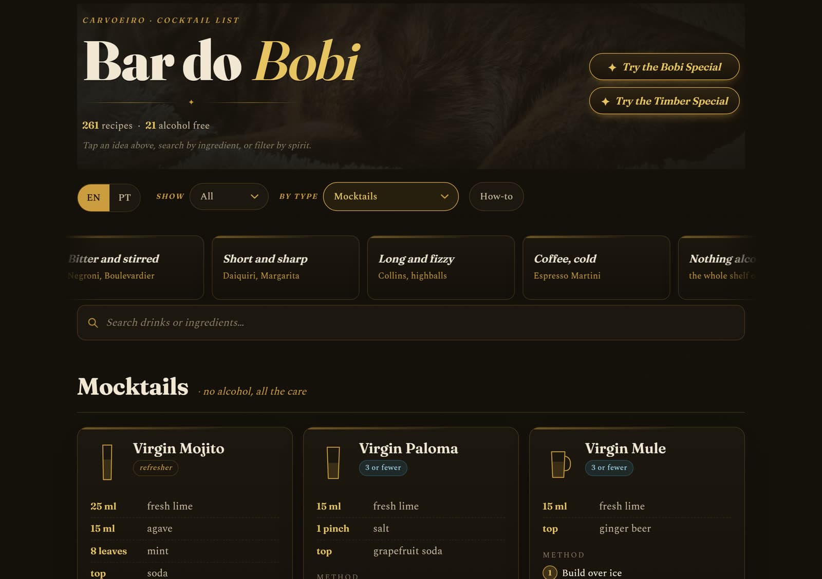 Filtered to the 21 alcohol free drinks. Filtering, search and state all run in the browser.
