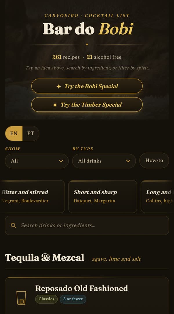 The same page at 414px. A menu on a phone is the actual use case; the desktop view is the afterthought.