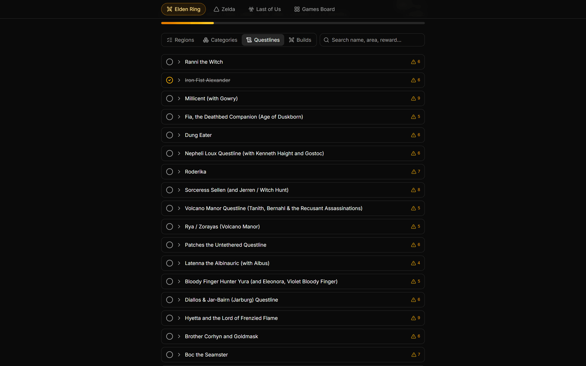 Questlines. 24 tracked NPC quests with per-step missable warnings, the thing wikis make you cross-reference by hand.