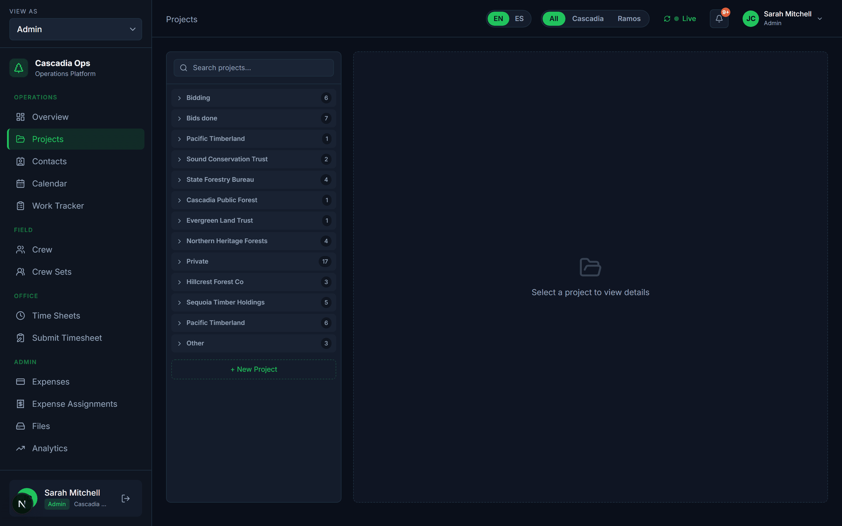 Contracts list with status, progress bars, and unit counts across 47 active contracts.