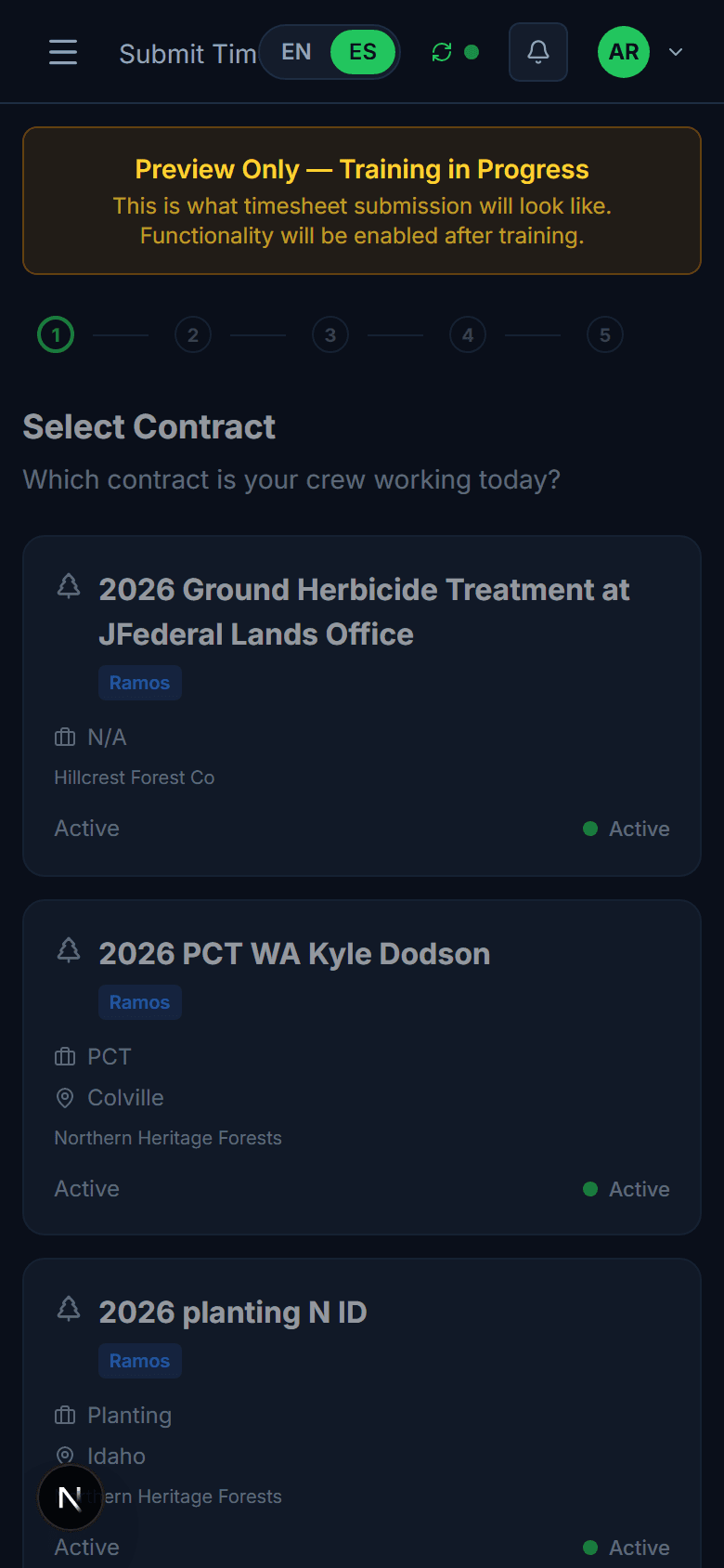 Mobile foreman timesheet. 48px touch targets, optimized for gloves in the field.